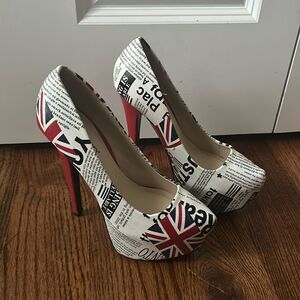 Bumper Union Jack British Flag Platform 6” Stiletto Ultra High Heels size 7 NWOT
